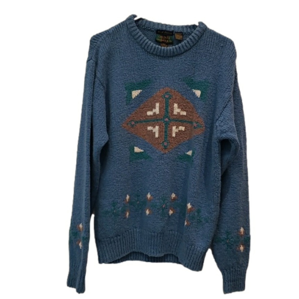 COLOURS by Alexander Julian Sweater Knit Pullover Blue Crew Neck Long Slee